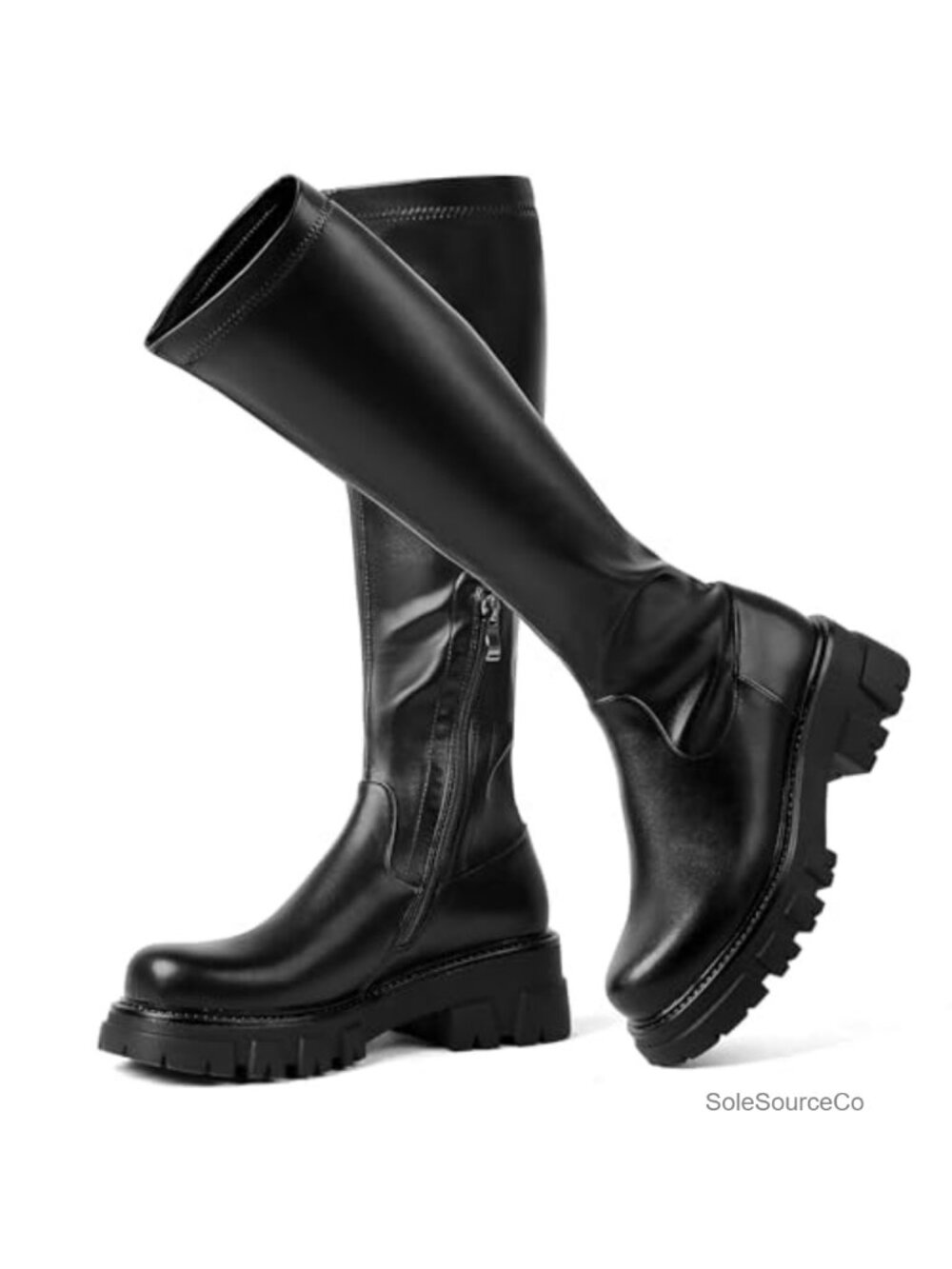 Platform Knee High Stretch Boots Chunky Block Heel Side Zip Tall Boots